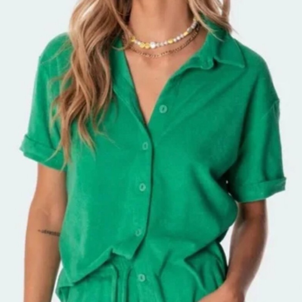 Edikted Green terry cloth Button Down Shirt